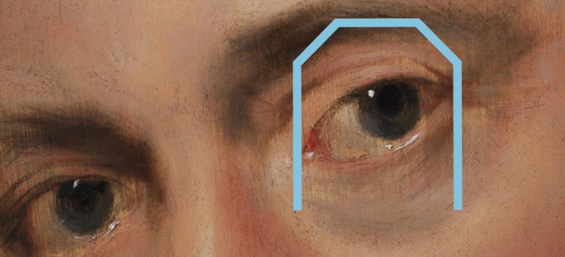Closeup van de ogen van Rubens, zelfportret met een geknikte boog rond 1 oog